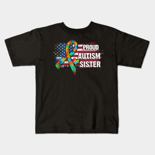 Autism Awareness T-Shirt Pround Autism Sister Vintage USA Flag Gift Kids T-Shirt